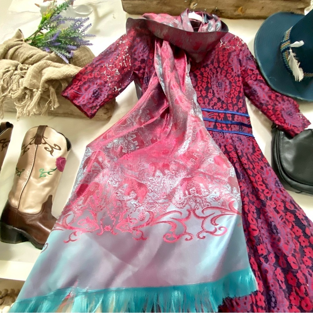✨ Enchanting SILK Pink and Teal SCARF/body wrap w Gypsy southwestern vibe - Picture 9 of 16